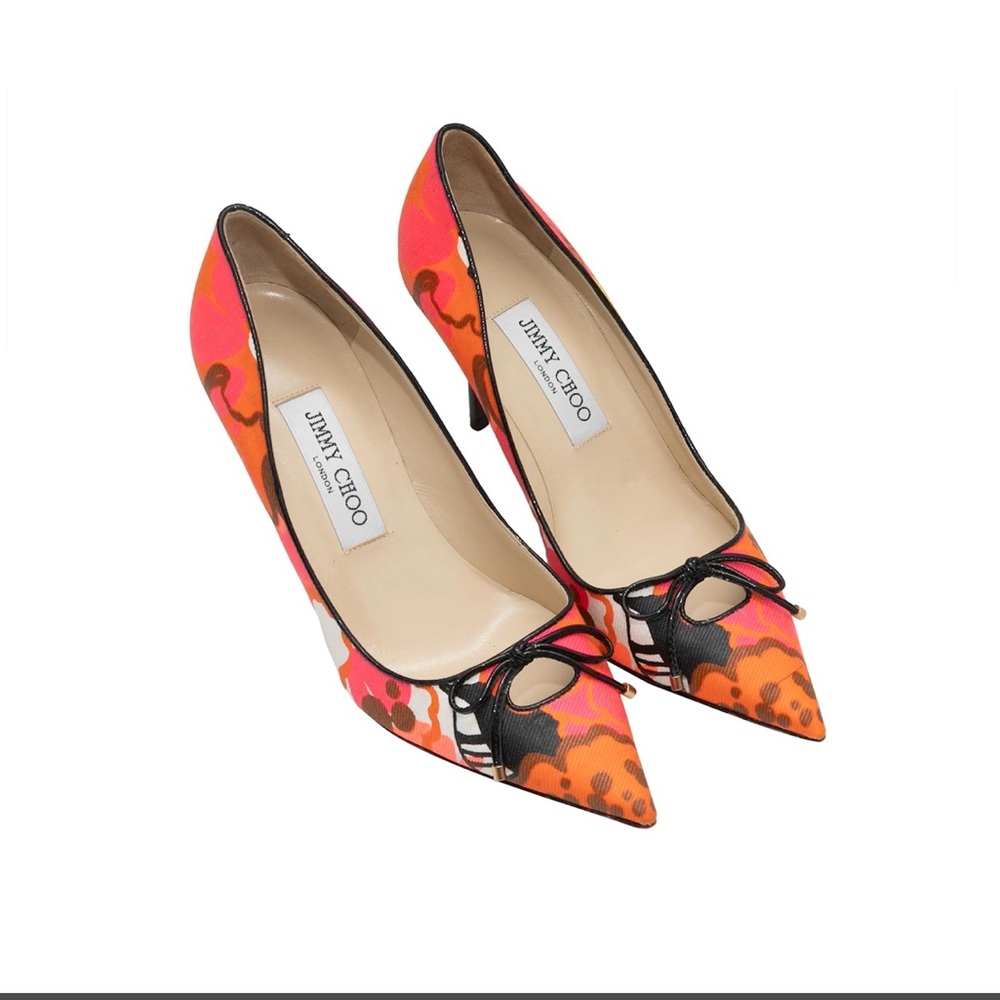 Orange & Multicolor Jimmy Choo Floral Print Pointed-Toe Pumps